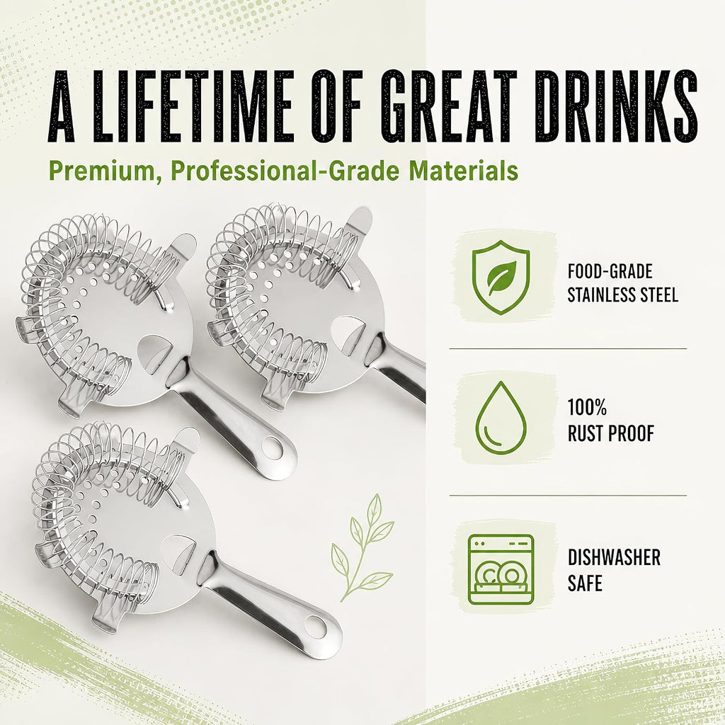 Hawthorne Strainer for Cocktails - Professional Bar Strainer - 4 Prong Design - Bartender Strainer for Shaker - Use - Set of 3