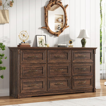 Farmhouse Wood 9 Drawer Dresser, Embossed Roman Column Wood Rustic 63 Inch Wide Dresser & Chest of Drawers with
