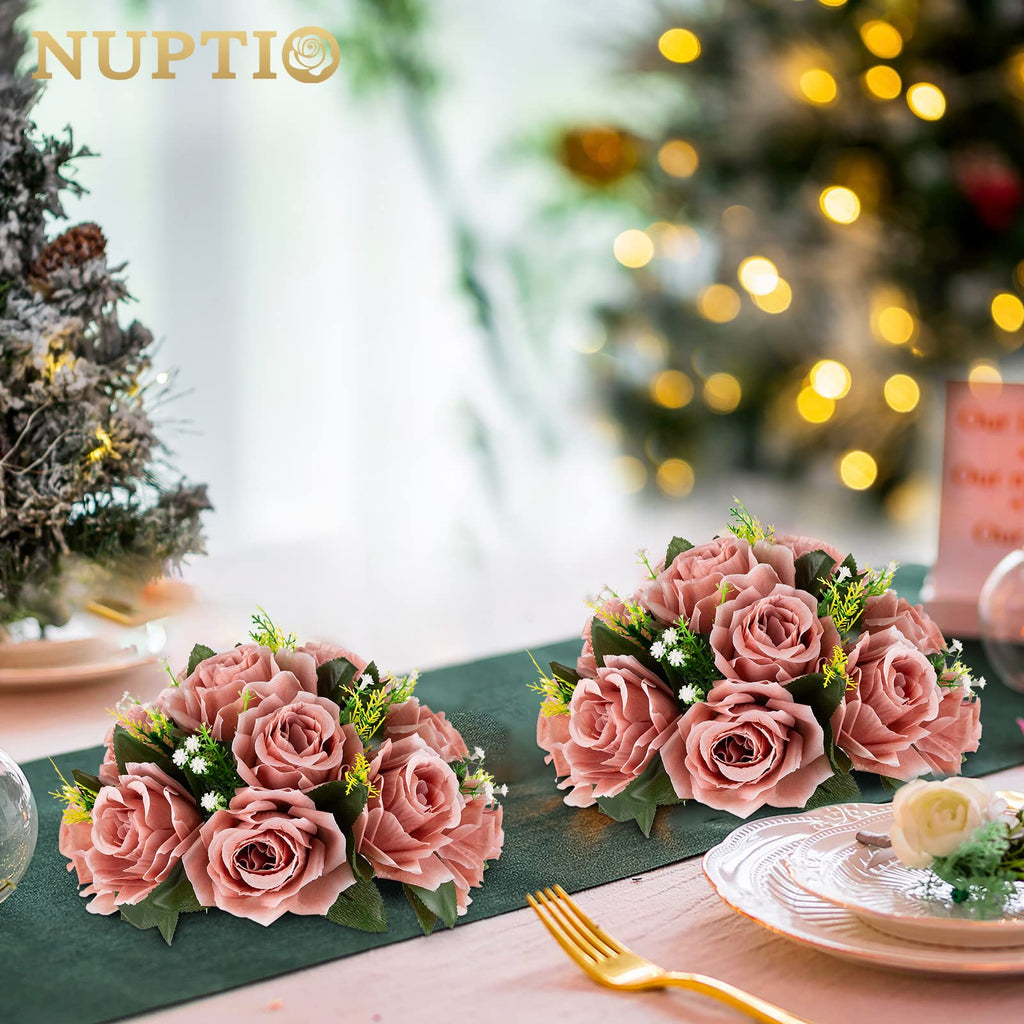 Artificial Flower Centrepieces for Tables - 6 Pcs Dusty Rose Fake Flowers Roses Balls 9.5in Diameter - Silk Faux Rose