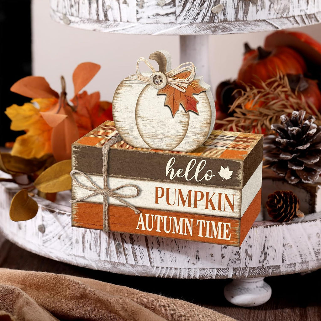 Fall Tiered Tray Decorations Thanksgiving Wooden Pumpkin and Maple Leaf Book Stack Signs, Autumn Vintage Table - Set of 4