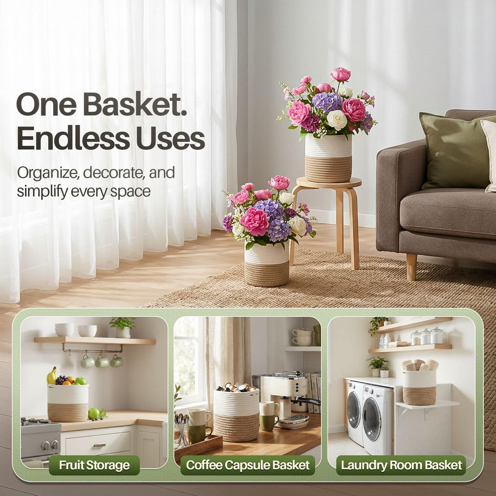 Plant Basket (2 Pack) Modern Urban Boho Rattan Cotton Rope Basket Indoor Planter Holder (Up to 10 Inch Flower Pot)