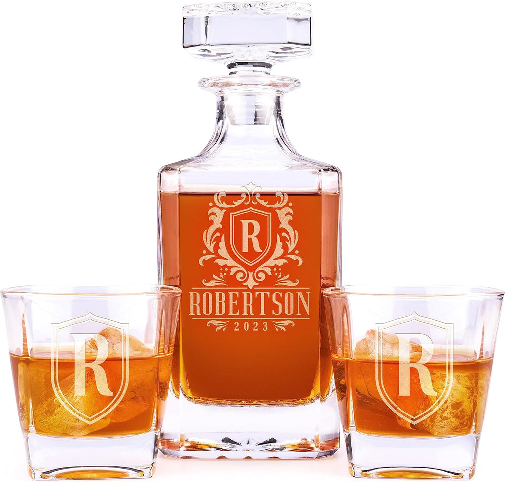 Personalized Whiskey Decanter Set - 5 Design Options - Custom Liquor 25 oz, 750ml Liquor Decanter w/Whiskey Glass Set