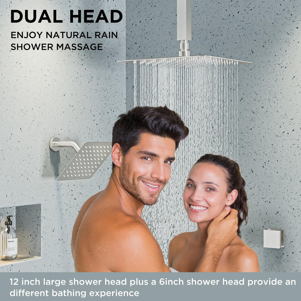 Rainfall Shower System with 4 Body Spray Jets, 4 Way 12 + 6"Rainfall Shower Head with Handheld Combo, Shower Jets