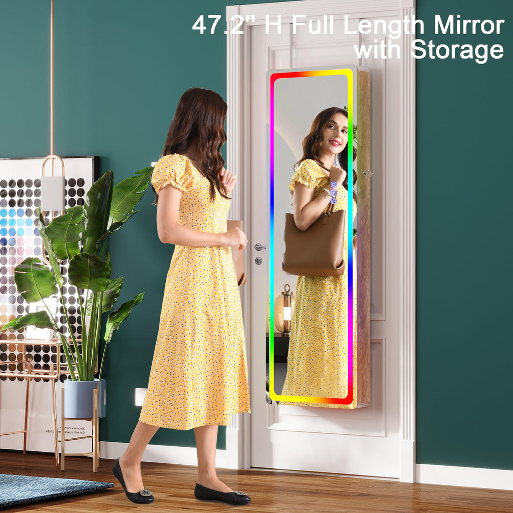 Over the Door Jewelry Organizer with LED RGB Lights, 47.2" Full Length Mirror with Storage, Wall Mounted Jewelry