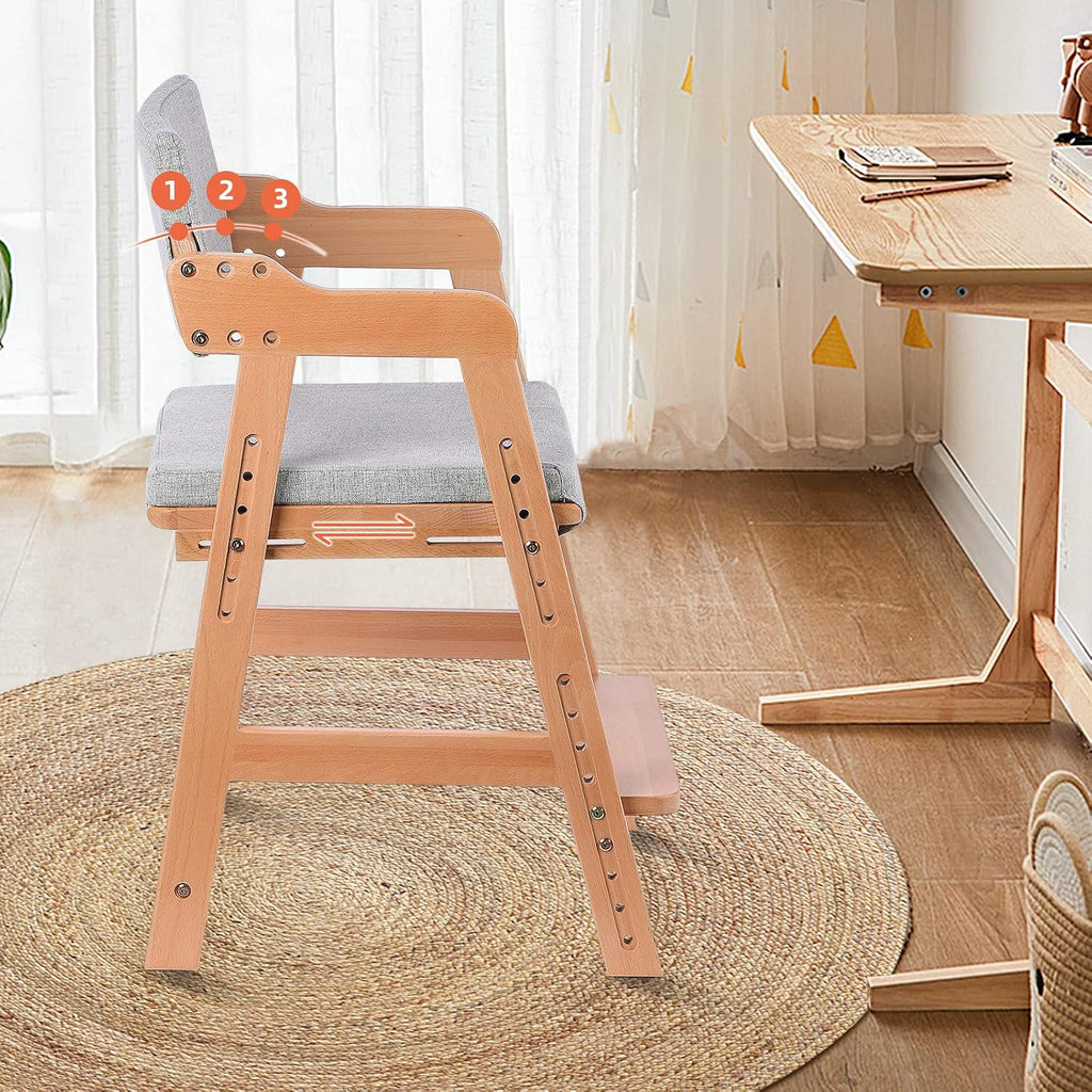 Wooden High Chair for Toddlers to Teens Adjustable Kids Learning Chair with Steps, Child Seats with Removable Cushion