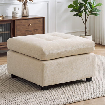 24" Square Modular Ottoman for Sectional Sofa, Tufted Chenille Upholstered Footrest, Cloud Sofa Ottoman, Beige