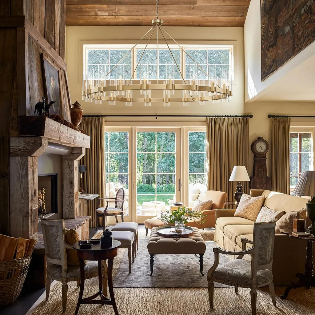 Inspired Ravelle Style 60 Inch Gold Wagon Wheel Chandelier with Glass Shade, 20 Lights, Modern Farmhouse Style, Ideal for Dining Room, Kitchen, Entryways