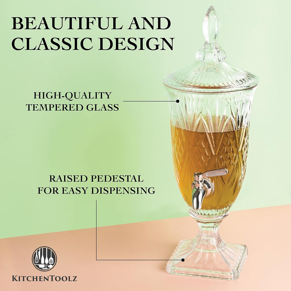 2 Liter with Stainless Steel Spigot on Glass Pedestal, Decorative Mason Drink Dispenser for BBQ, Picnic, Pool Party