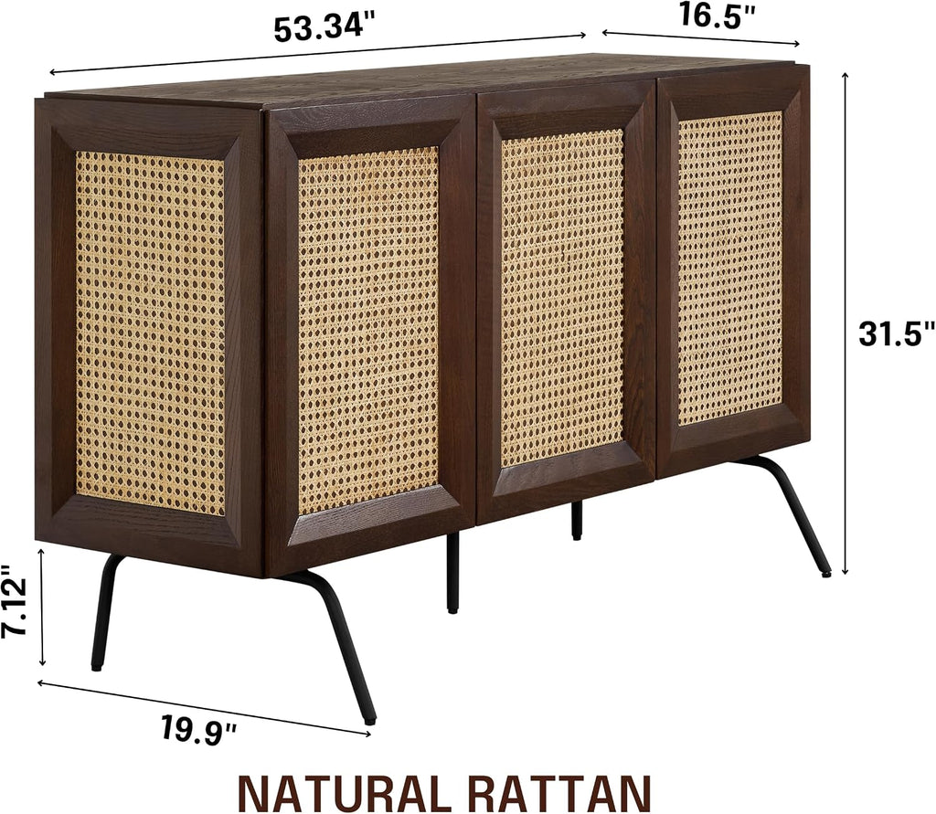 Modern Sideboard with 3 Doors, Natural Rattan Storage Cabinet, Buffet with Metal Legs, Boho Accent Cabinet , and