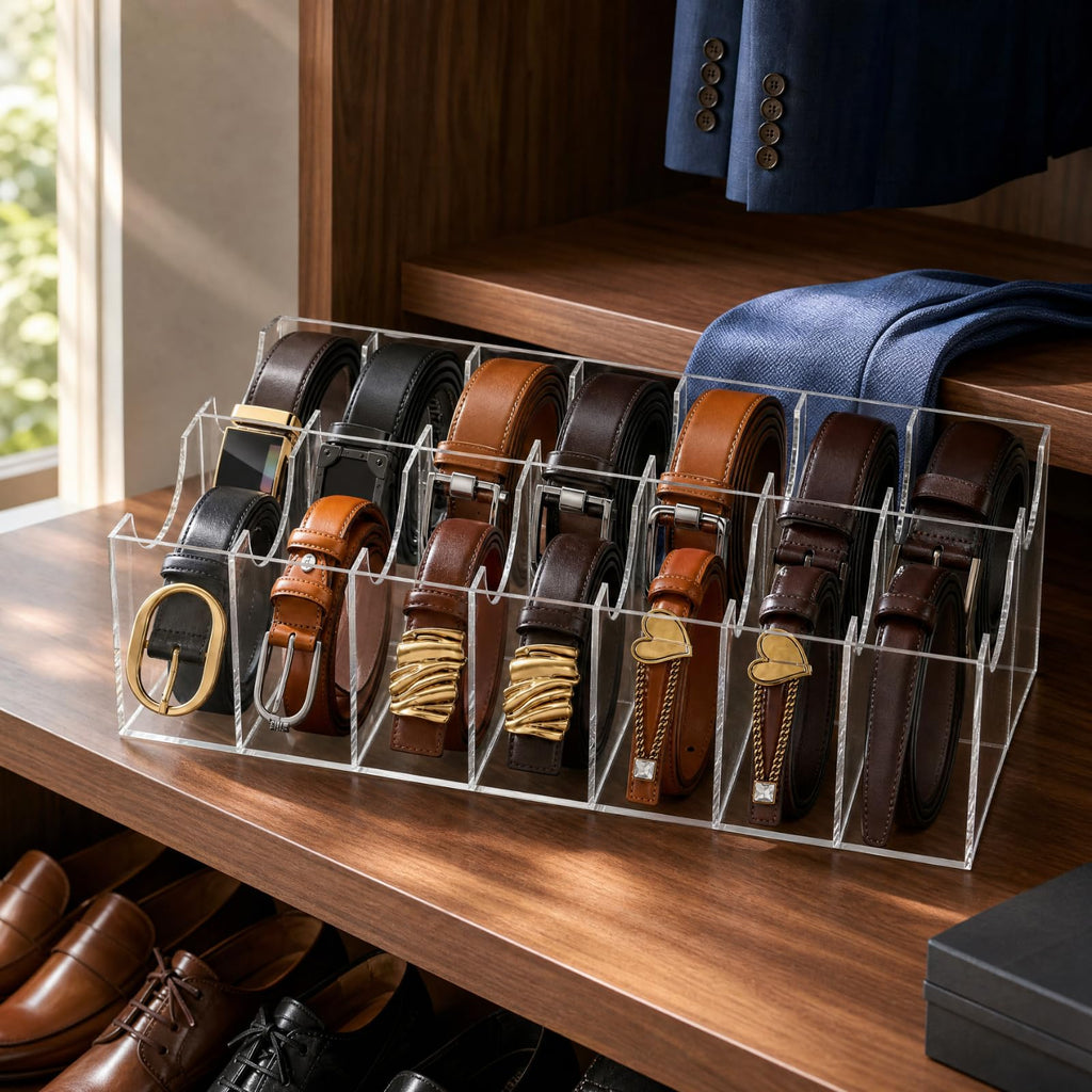 12 Compartments Belts Storage Box, Acrylic Belt Organizer, Belt Container Storage Holder Clear Belts Display Case for