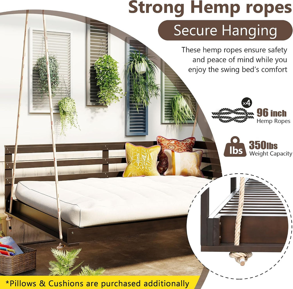 Acacia Wood Porch Swing Bed with Hemp Ropes, Full Size Outdoor Hanging Bed, 350 lb Capacity, Open-Side Minimalist