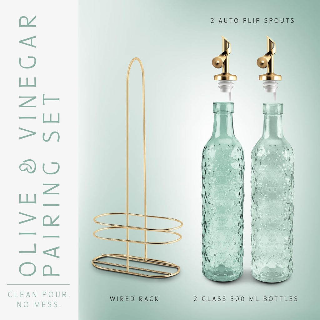 Glass Olive Oil Bottle Dispenser - 2 Pack- 17oz Oil and Vinegar Cruet - Olive Oil Carafe Decanter, Floral, Green - Set of 2