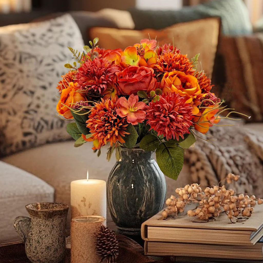Bundles Fall Artificial Flowers Bouquet Fake Peony Silk Chrysanthemums Autumn Faux Floral Arrangements Decor Indoor - Set of 2