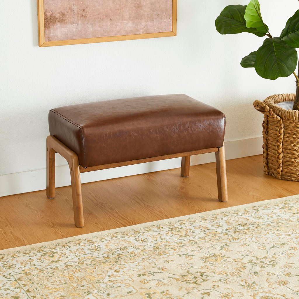 Rectangle Ottoman Bench Set of 2, Modern Coffee Leatherette Footstool with Walnut Rubberwood Legs