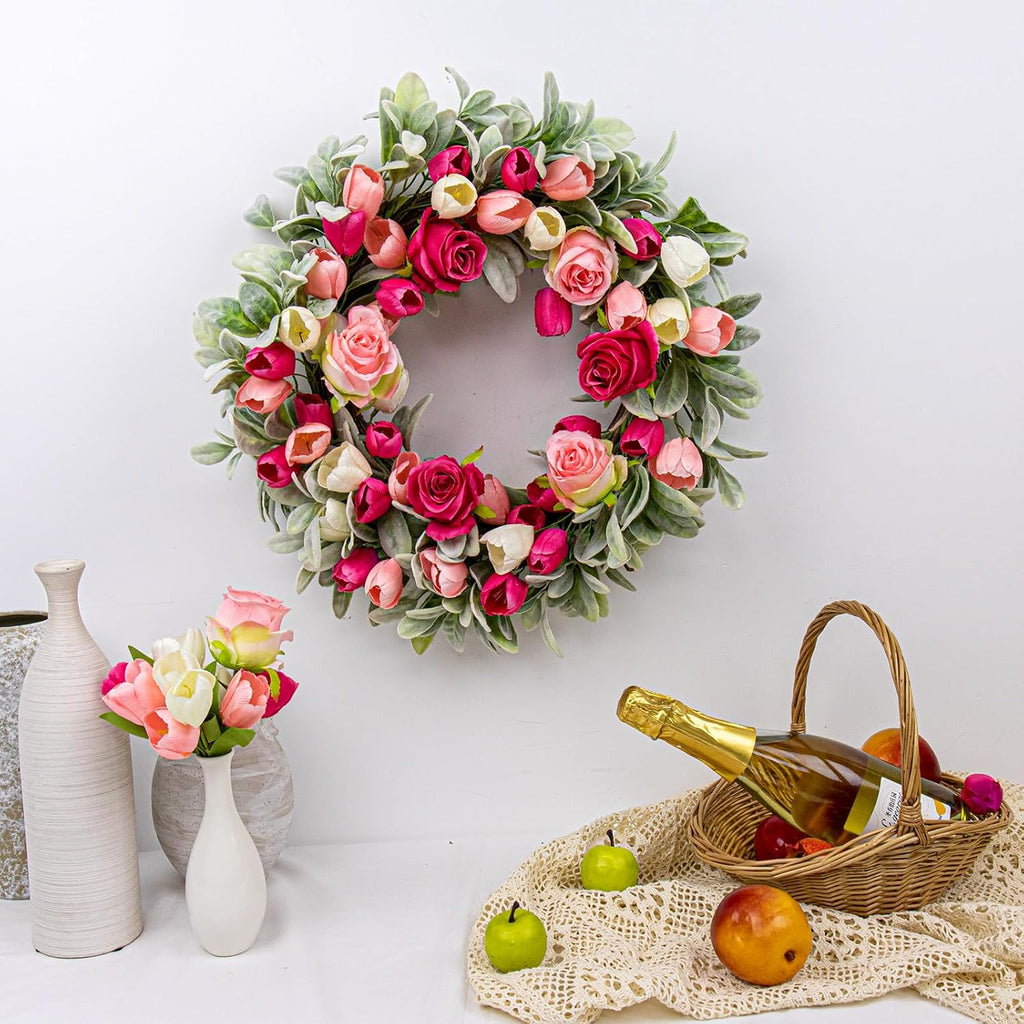 20 Inches Farmhouse Valentines Wreath Modern Valentine Flower Wreath Rocco Valentines Day Door Wreaths with Red Pink