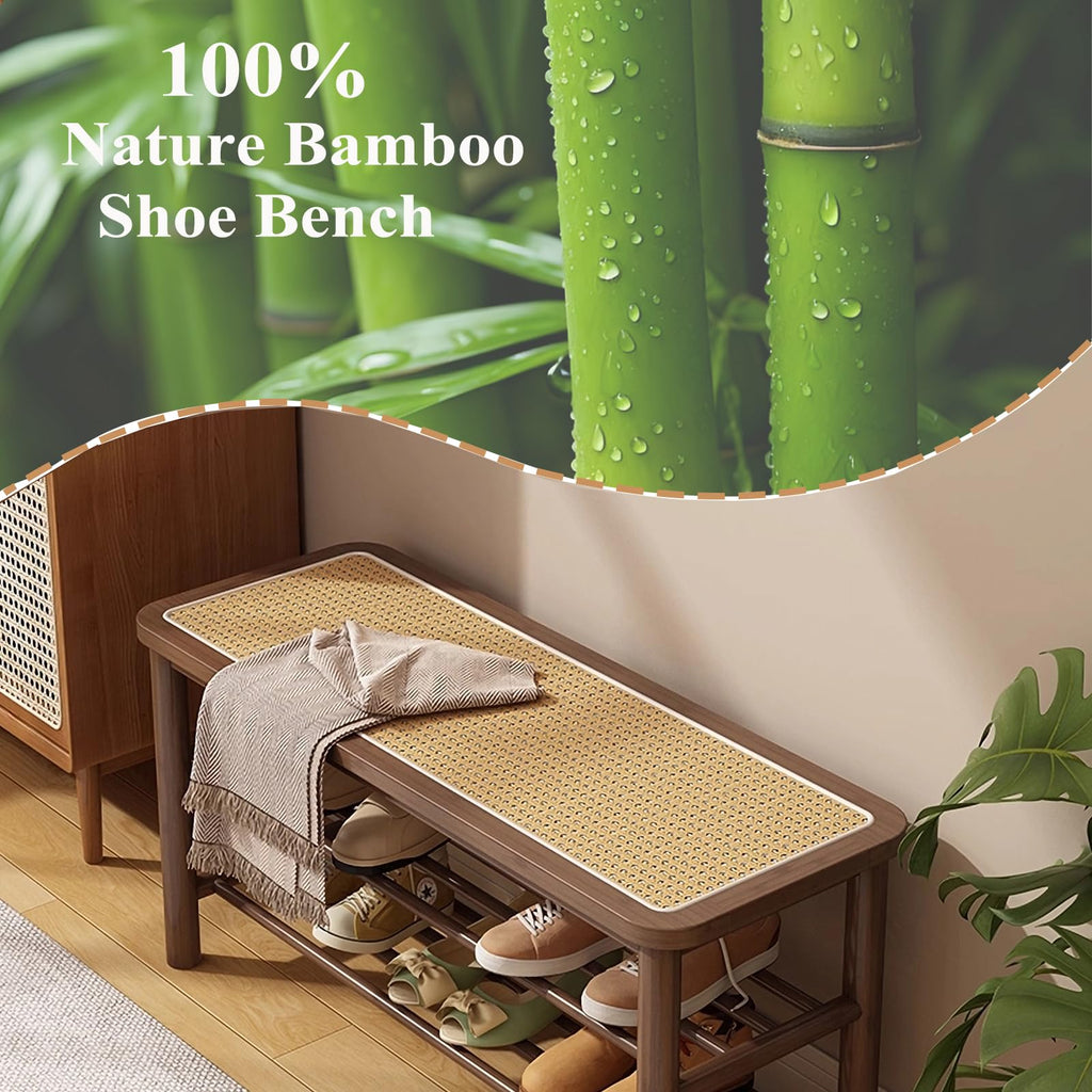 Bamboo Shoe Rack Bench with Rattan Seat, 3-Tier Shoe Storage Bench, Entryway Bench, Walnut 39.4 inches