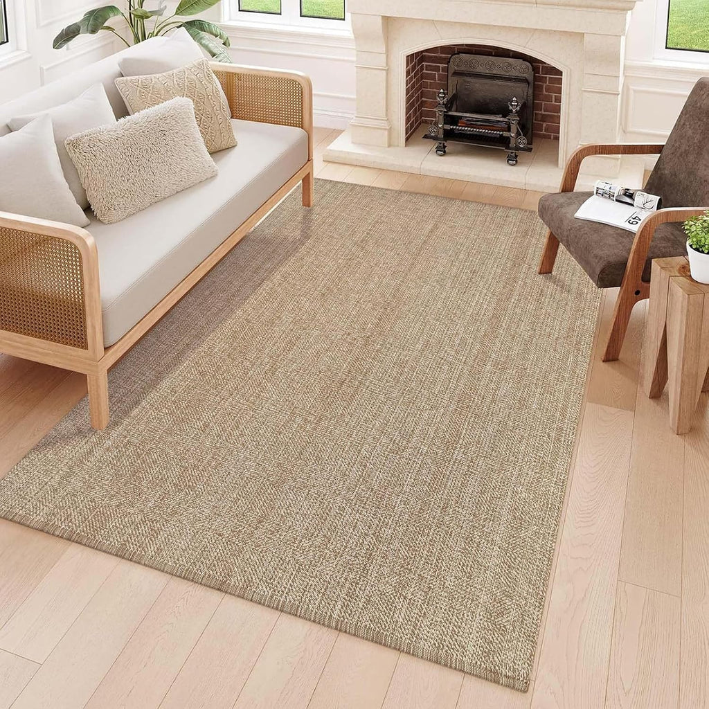 Boho Living Room Rugs, 5x8 Washable Woven Cotton Modern Bedroom Rugs | Farmhouse Tan Braided Floor Carpet Rug Room