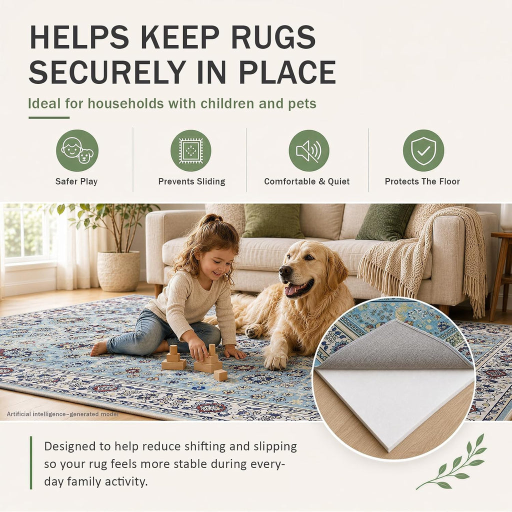 Non Slip Cushioned Rug Pads Rug Carpet Padding 9x12 Ft, 1/4 inch Thick Comfort Memory Foam Rug Pad for Under Area