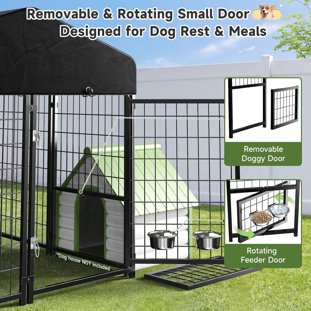 Dog Kennel Outdoor, Outside Dog Kennel with Roof & Swivel Feeders/Removable Doggy Door Allow Connecting Your Dog