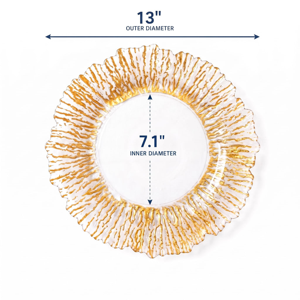 Gold Reef Glass Charger Plates, Set of 12-13 Inch Round Clear Chargers for Dinner Settings with Bottom Foil Accent