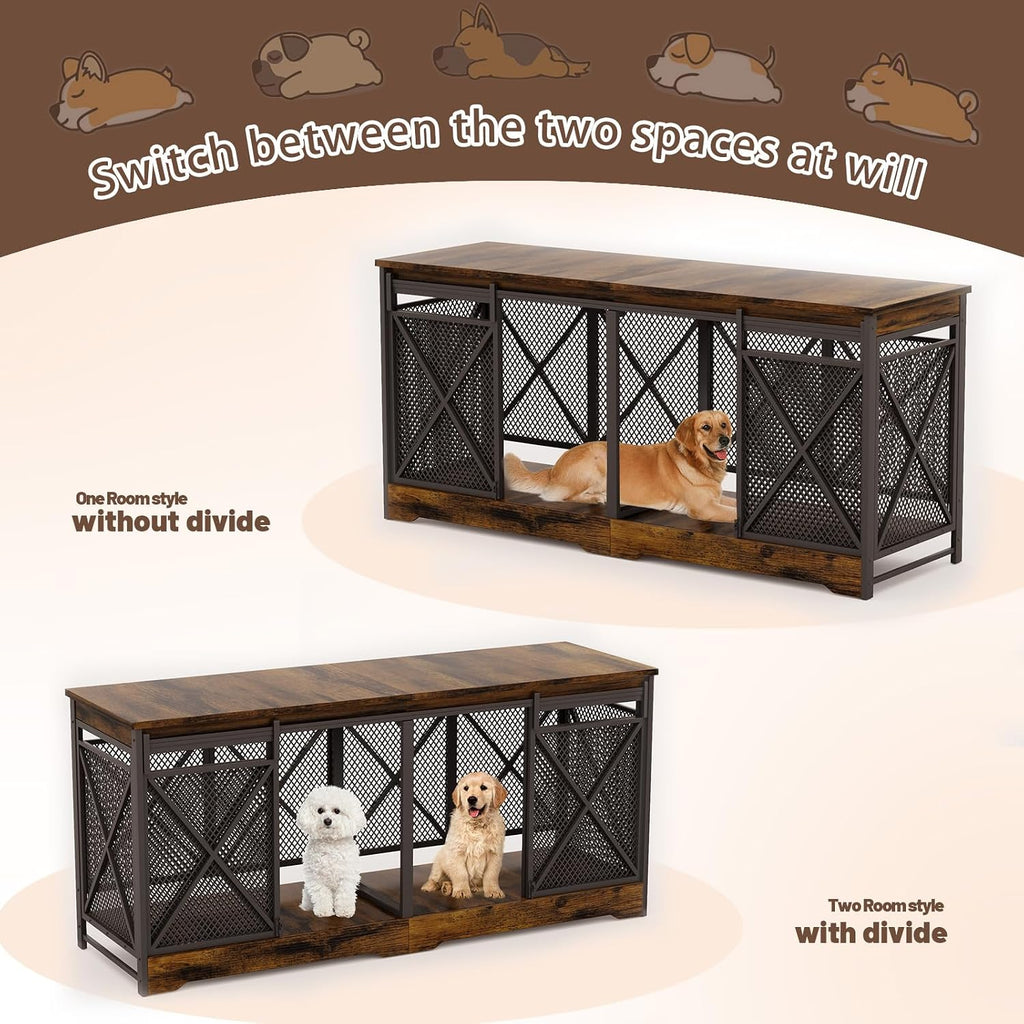 78 Inch Double Dog Crate Furniture, (Caramel Brown)