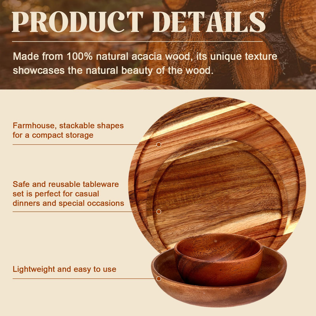 28 Pcs Acacia Wood Dinnerware Set, Wooden Plates and Bowls Set