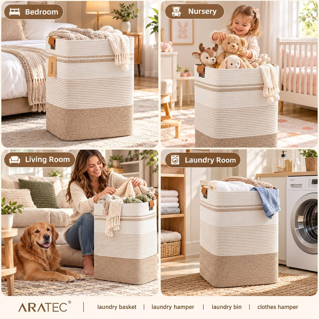 Laundry Hamper, Cotton Rope Laundry Basket with Leather Handles, 21.1-Gallon/80 L Large Clothes Hampers for Laundry