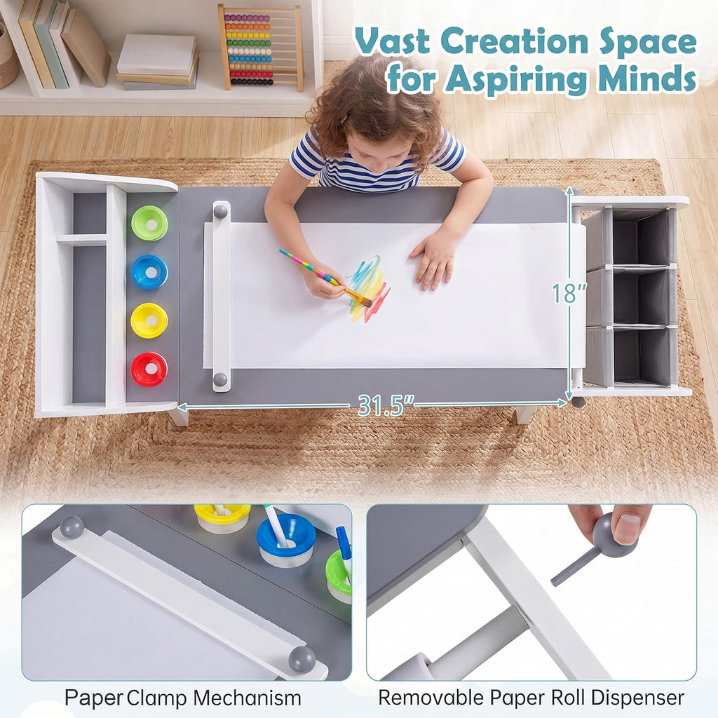 Kids Art Table and Chair Set, Wooden Craft Table with Paper Roll