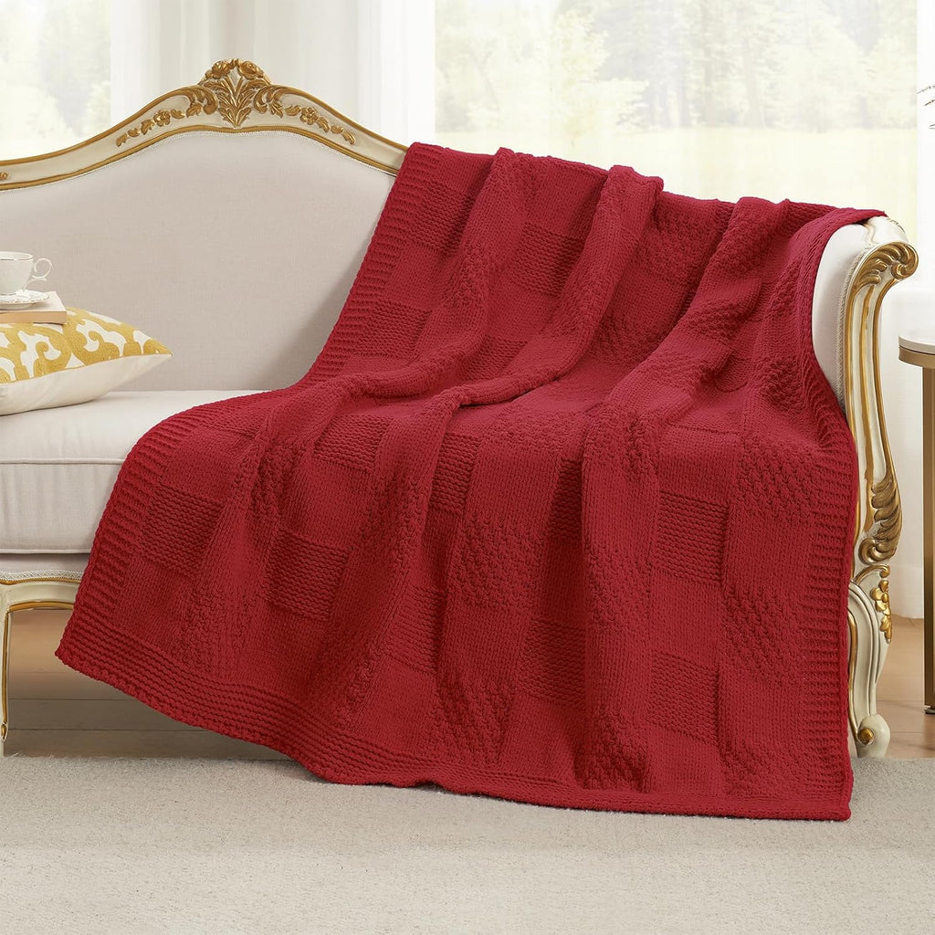 Checkered Knit Throw Blanket for Couch, Christmas Red, 50"x60"