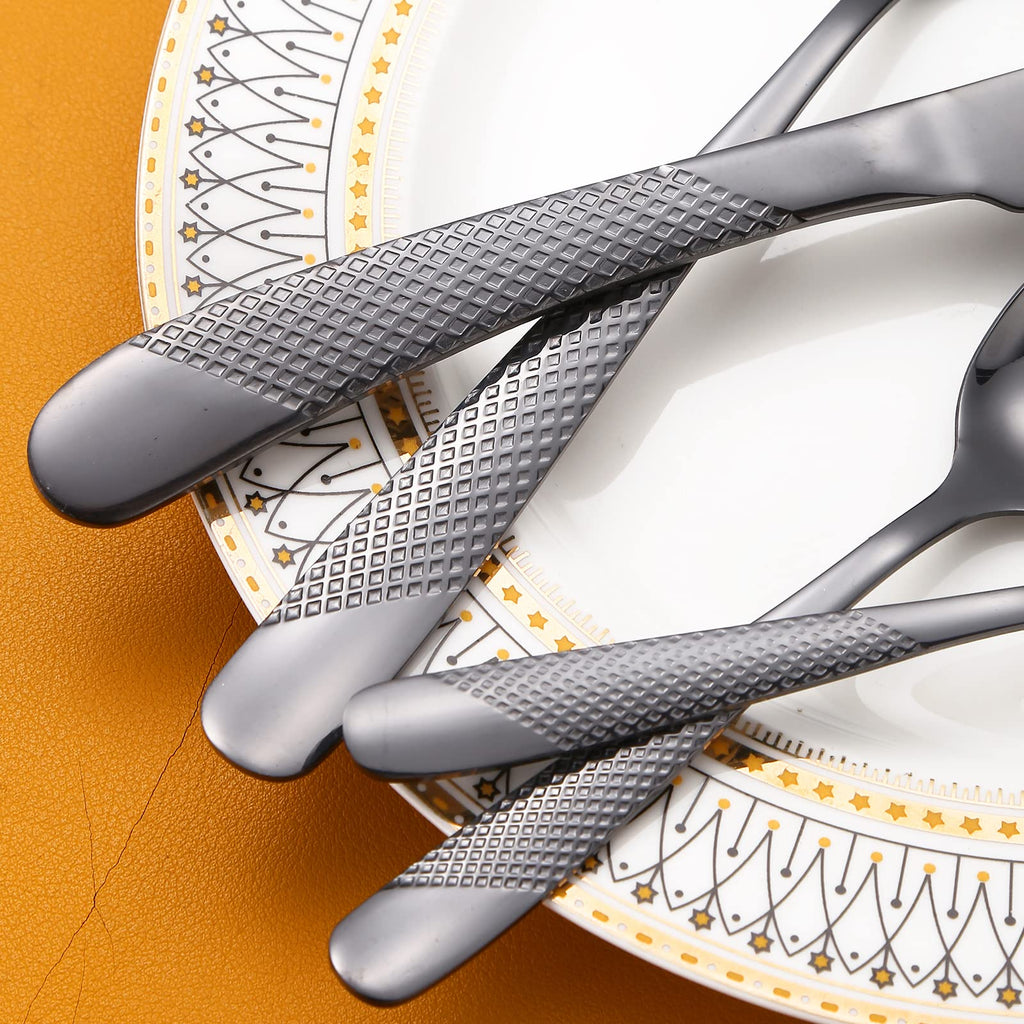 A·HOUSEWARE Black Silverware Hammered Flatware Kichen Stainless Steel Cutlery Set for 4 include Metallic Forks Knives