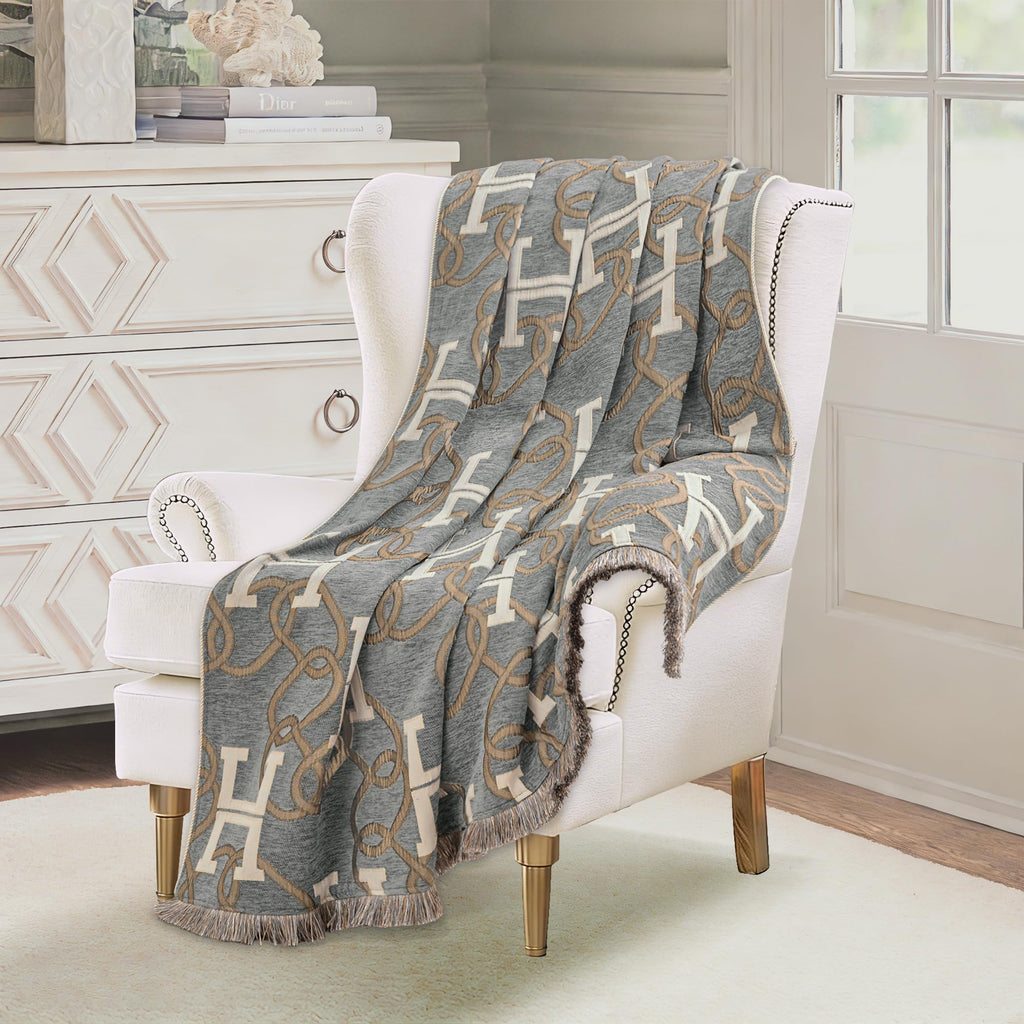 Jacquard Letter H Throw Blanket for Couch, 52"x72", Gray
