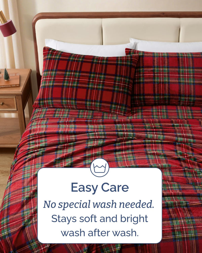 Fleece Sheets Twin Size Set - 3-Piece Velvet Flannel Sheet Set - Tartan