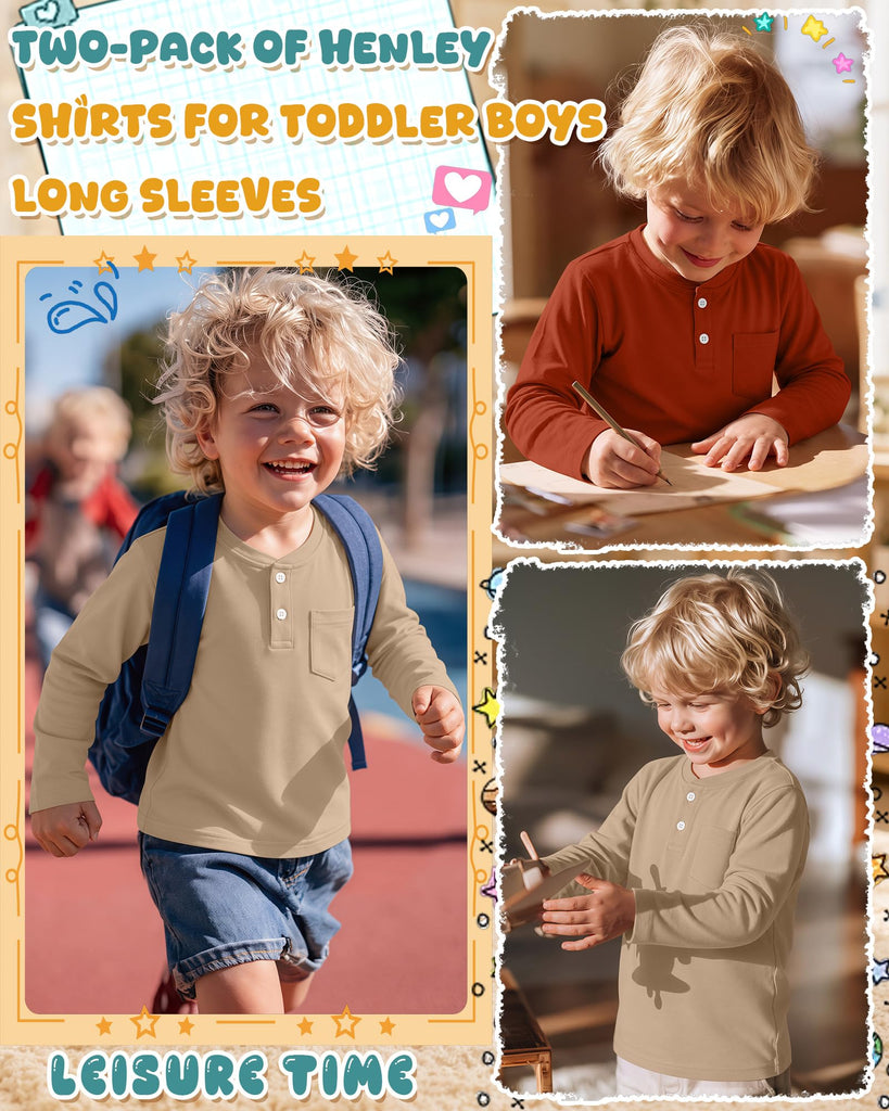 2 Pack Toddler Boys Cotton Long Sleeve Henley Top 2Color