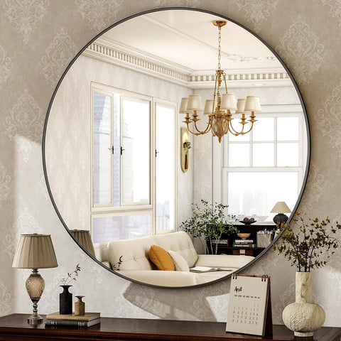 Round Mirror 30 Black Wall Mounted Circle Mirrors Vanity Mirror with Brushed Aluminum Alloy Frame Modern Decoration
