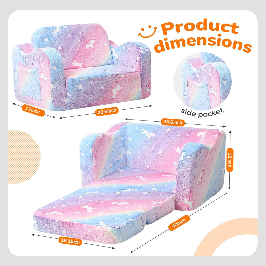 Kids Couch, Glow Dark Rainbow Unicorn Fold Out Plush Sofa, Girls