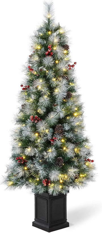5ft Prelit Christmas Tree with 150 Warm White Lights,Potted Christmas Tree w/286 Pine Needle&PVC Branch Tips