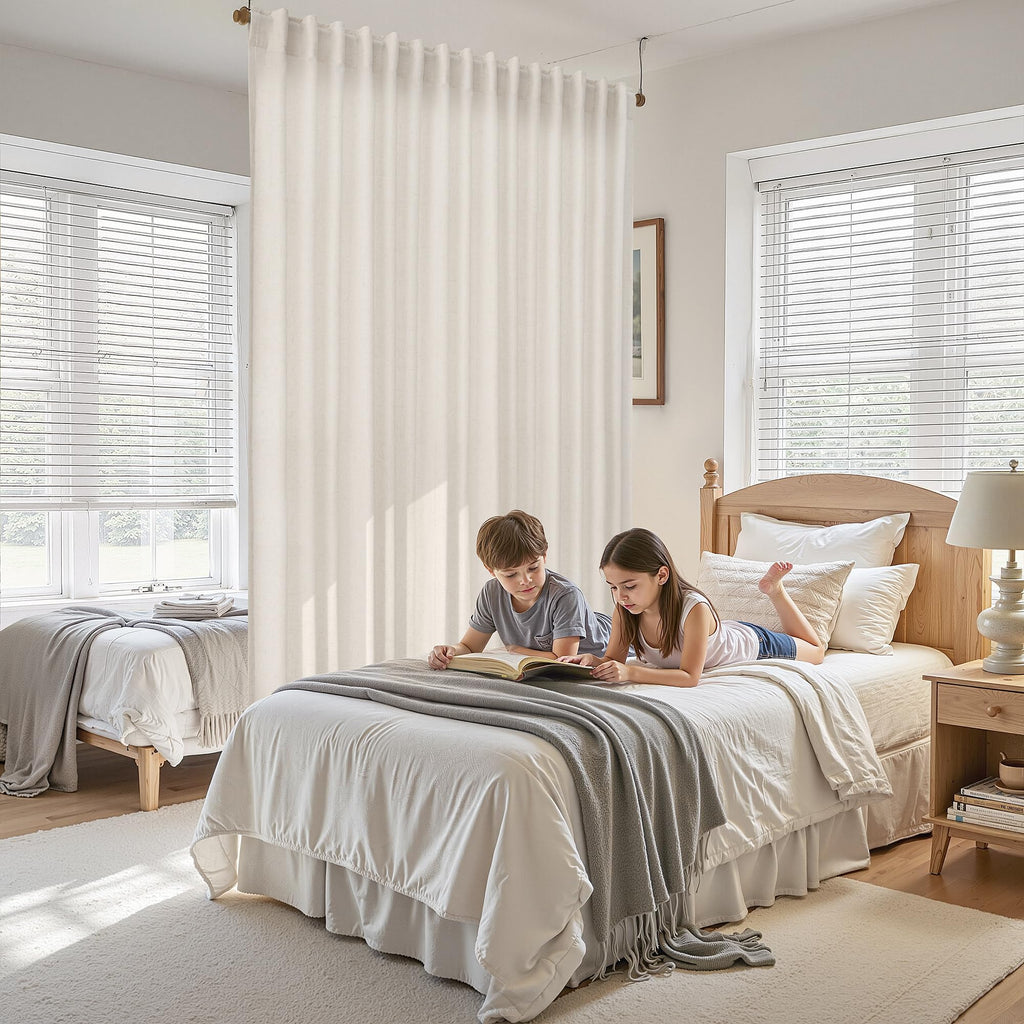 Cream Extra Wide Linen Curtains Light Filtering Semi Sheer Curtains for Sliding Door Natural Coastal Decor Sunroom