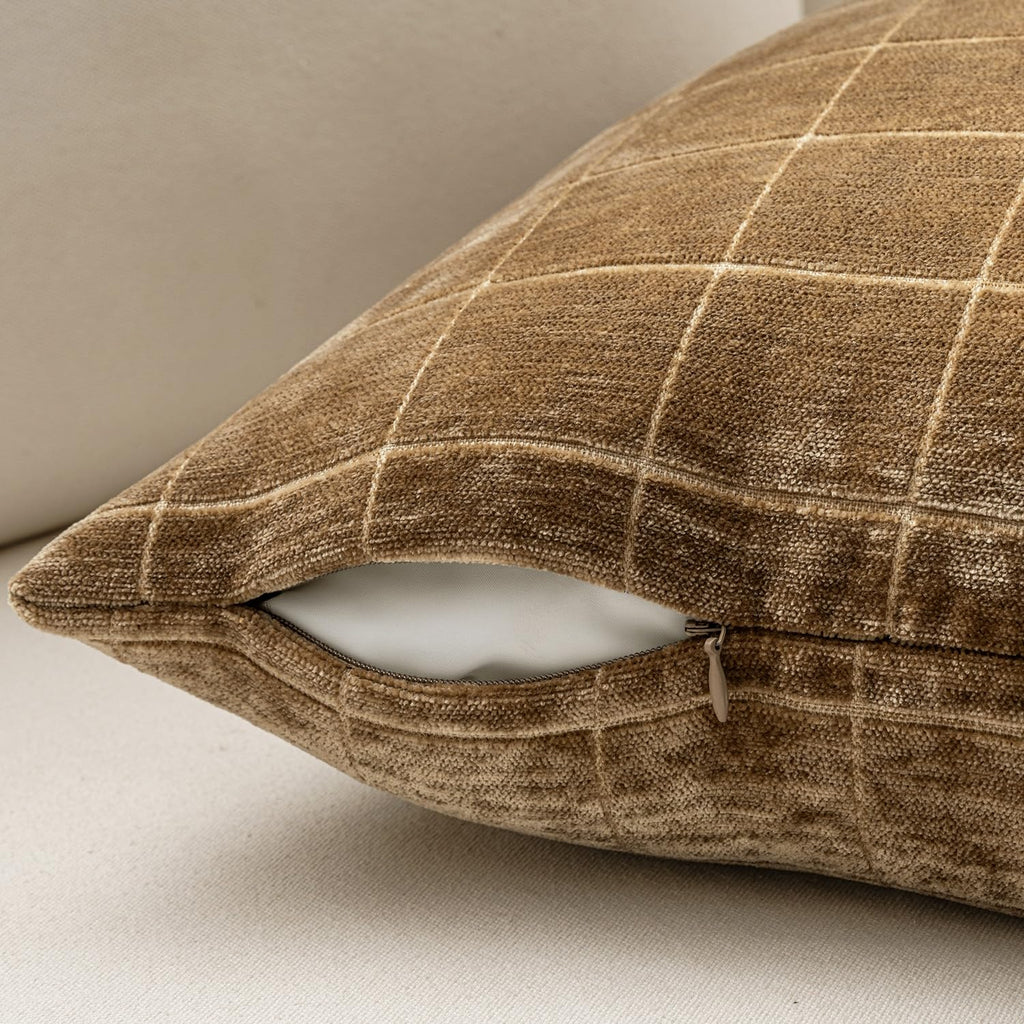 Toffee Plaid Decorative Fall Throw Pillow Covers 20x20 Set of 2
