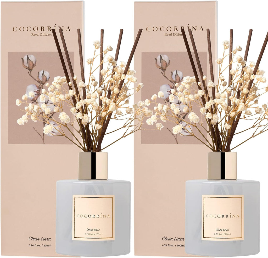 Reed Diffuser Set, 6.7 fl.oz Clean Linen 2 Packs Scented Diffuser with Sticks Home Fragrance Reed Diffuser Shelf Decor
