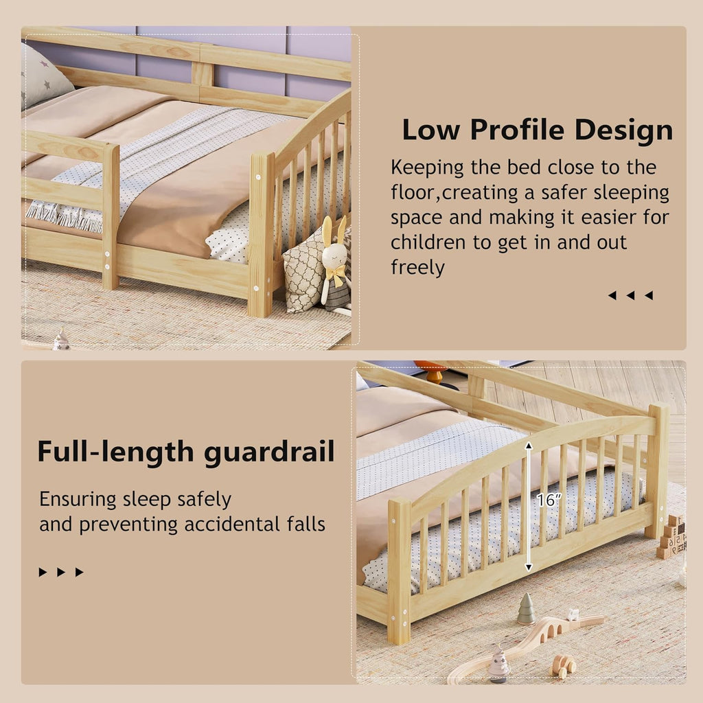 Montessori Floor Bed with Safety Guardrails - Solid Wood Bed Frame with Slats & Fence and Without Door, No Box