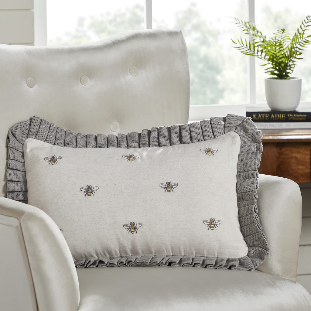 Embroidered Bee, Farmhouse Throw Pillow, Honey Bees, Grey & Yellow, 14x23