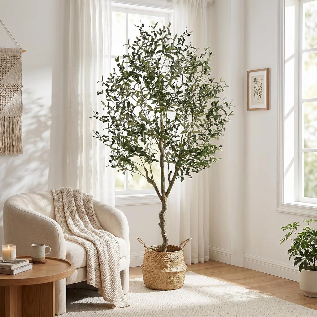 Artificial Olive Tree Indoor 6FT, Tall Faux Olive Tree with White Planter