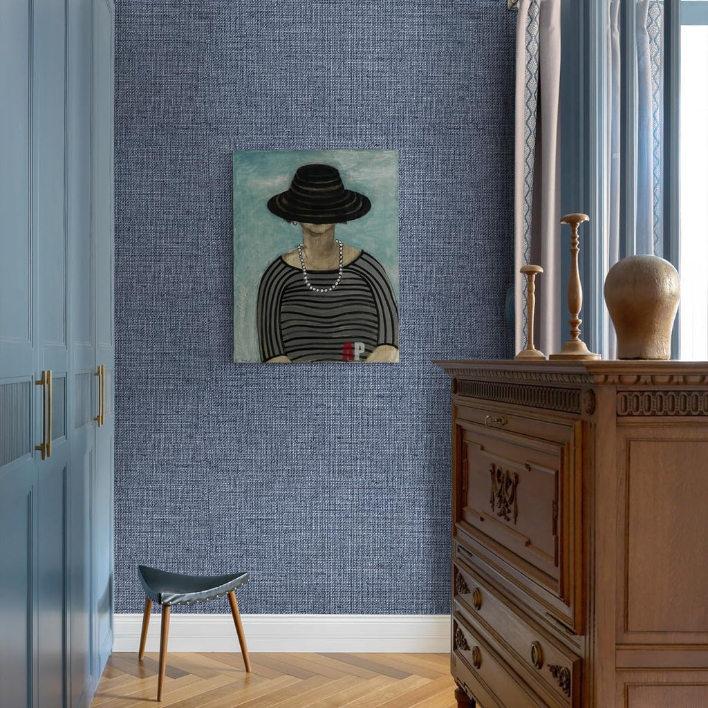 Denim Blue Grasscloth Peel and Stick Wallpaper 15.7inch x 393.7inch | Textured Contact Paper Blue Faux Linen