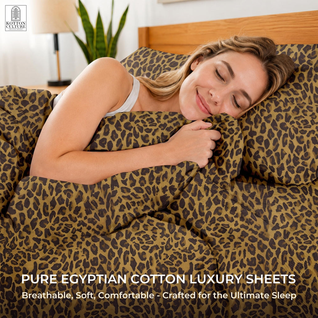 Bed Sheets 4 Piece 600 Thread Count 100% Egyptian Cotton Cheetah Animal Print-Soft Cooling Cotton Luxury Hotel Sheets