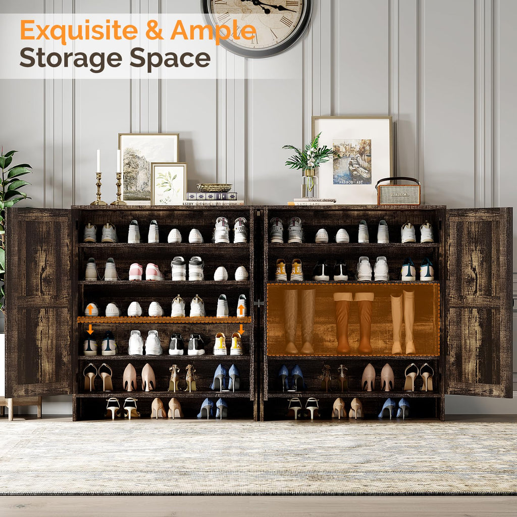 Shoe Cabinet with Doors, 5 Tier Dark Rustic Oak Wooden Shoe Storage Cabinet with Double Barn Doors, Adjustable