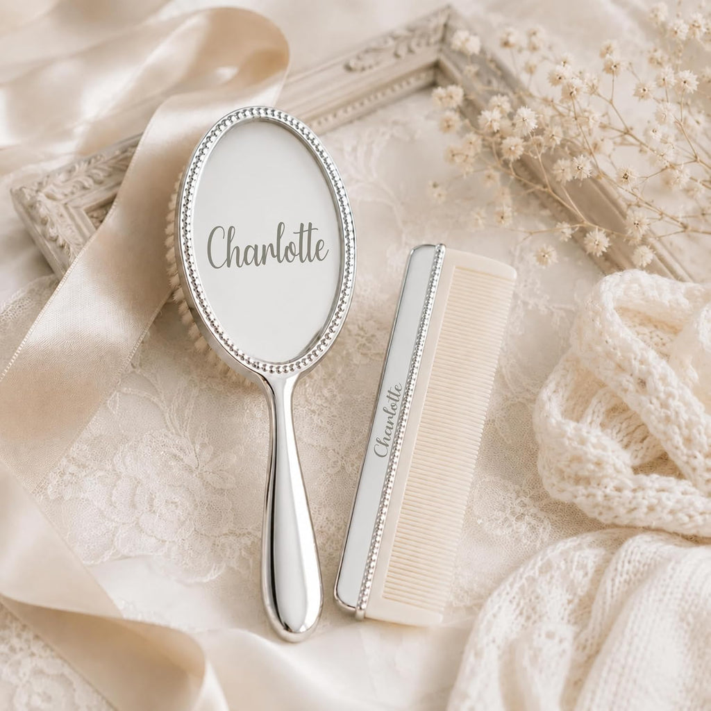 Engraved Silver-Plated Brush & Comb Set - Newborn Grooming Kit, Soft Bristle Hairbrush, Custom Baby Keepsake Gift