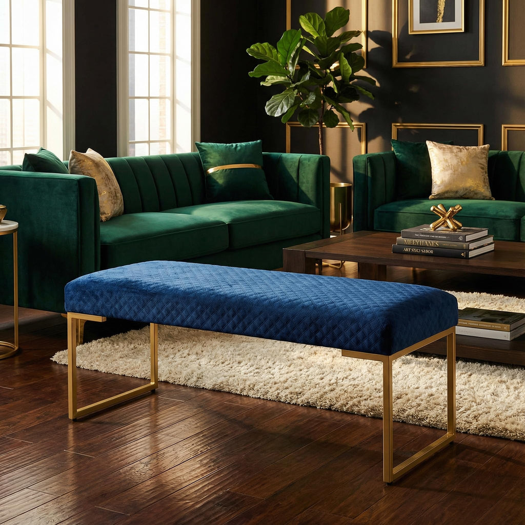 Claymore Large Ottoman Bench with Painted Gold Legs, Blue Velvet, 48"