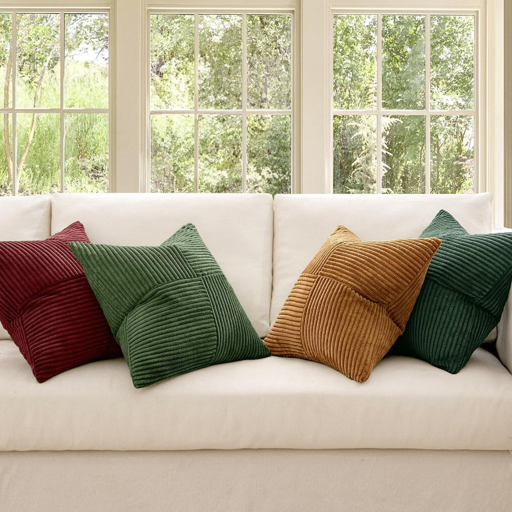 Boho Christmas Green Decorative Throw Pillow Covers 20x20 Farmhouse Cushion Covers Color-Clash Corduroy - Set of 4