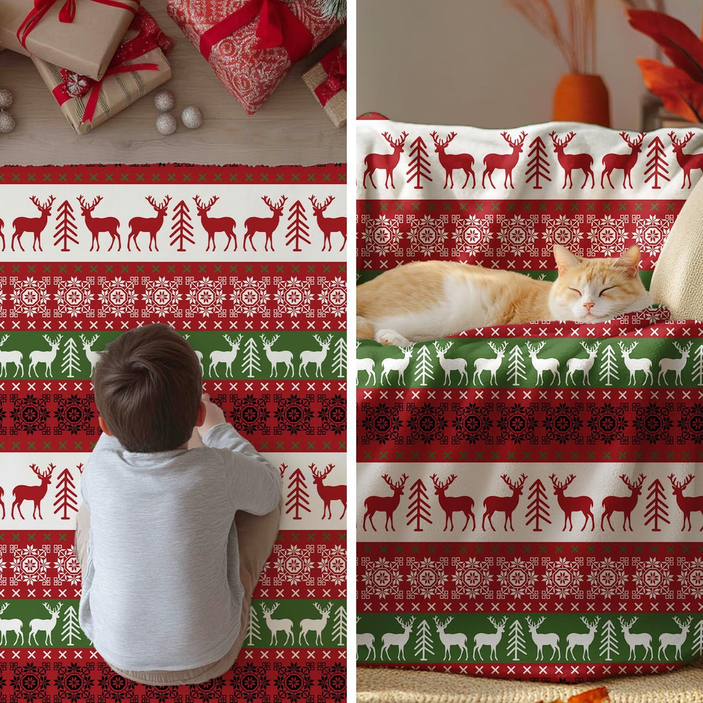 Christmas Flannel Blanket Throw, Green Reindeer Soft Fuzzy Plush Cozy Fleece Blankets for Couch Sofa Bed Lounging