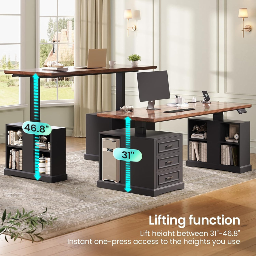 63" Farmhouse Electric Standing Desk with 3 Drawers, Storage Shelves | Height Adjustable Computer Desk with Power